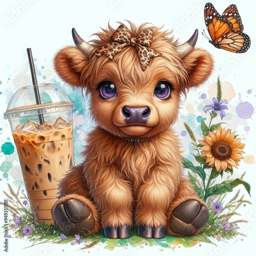 Cute baby highland cow illustration with large eyes, wearing a big bow, surrounded by flowers, iced coffee, and a butterfly on a watercolor background. photo