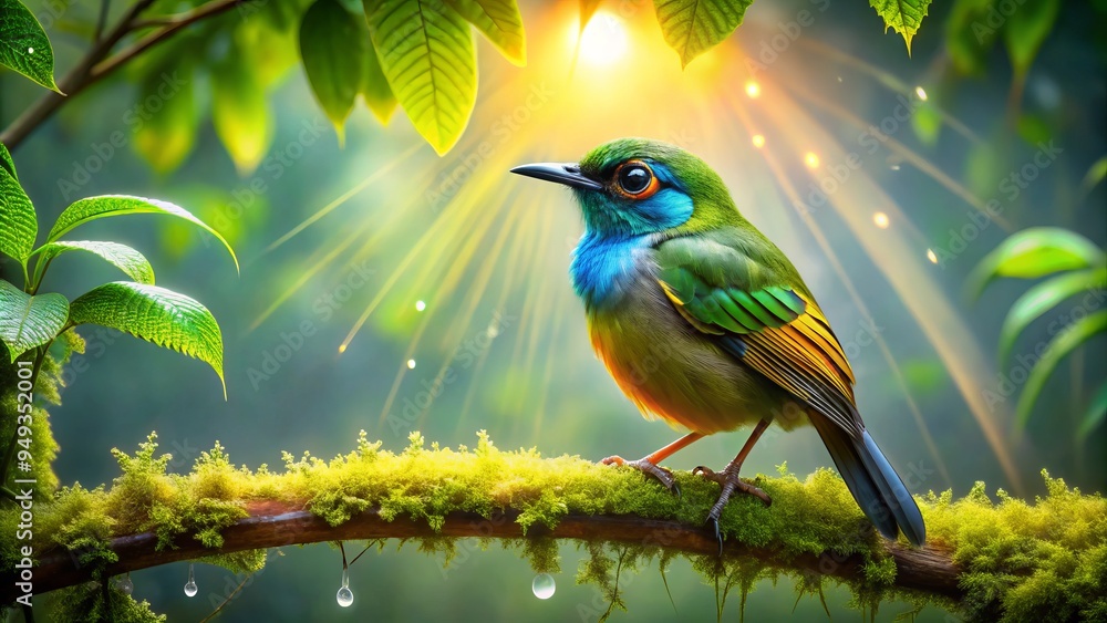 * Rainforest foliage yields to the Zosterops bird's quiet wings, iridescent feathers glowing in misty morning light, serene forest secrets unfold. * Rainforest foliage yields to the Zosterops bird's quiet wings, iridescent feathers glowing in misty morning light, serene forest secrets unfold.