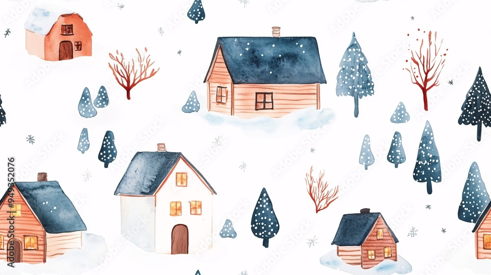 A winter scene with houses and trees A winter scene with houses and trees