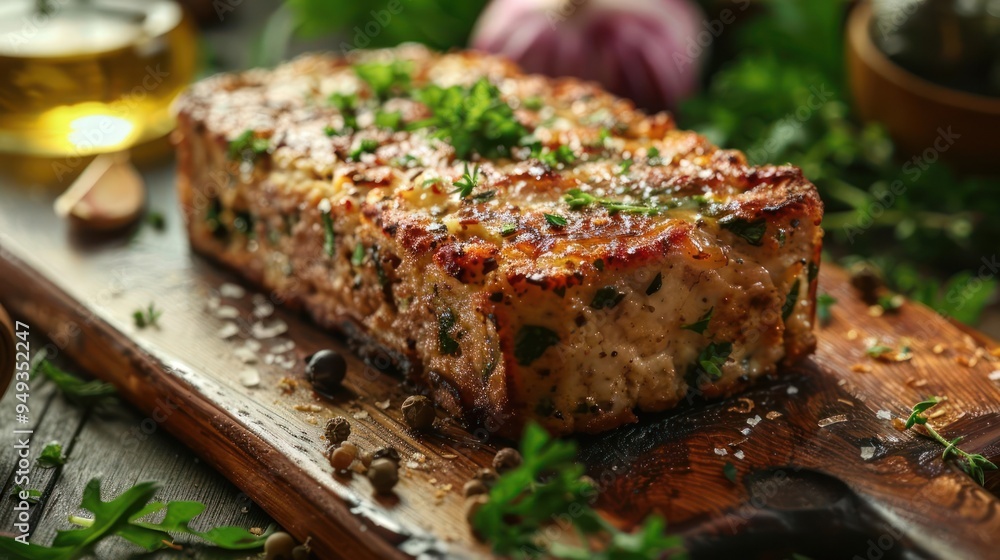 A tantalizing image of a sliced roasted meat, garnished with spices and fresh herbs, A tantalizing image of a sliced roasted meat, garnished with spices and fresh herbs,