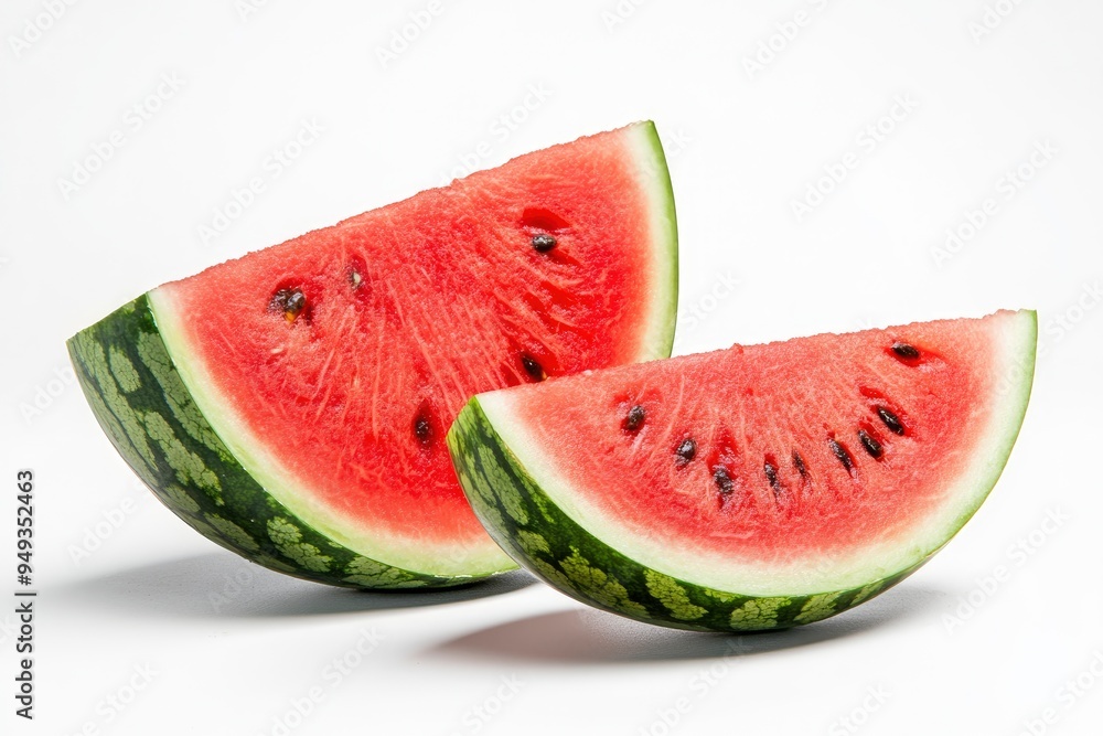 Juicy watermelon displayed on clean white surface, a delicious and colorful treat for any occasion with generative ai Juicy watermelon displayed on clean white surface, a delicious and colorful treat for any occasion with generative ai