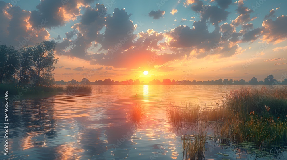Sunset over a serene lake with a reflection of the sky. Sunset over a serene lake with a reflection of the sky.