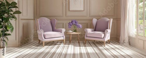 Refined living area, violet chairs, patterned flooring, muted wall shades.