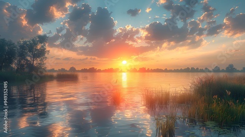 Sunset over a serene lake with a reflection of the sky.