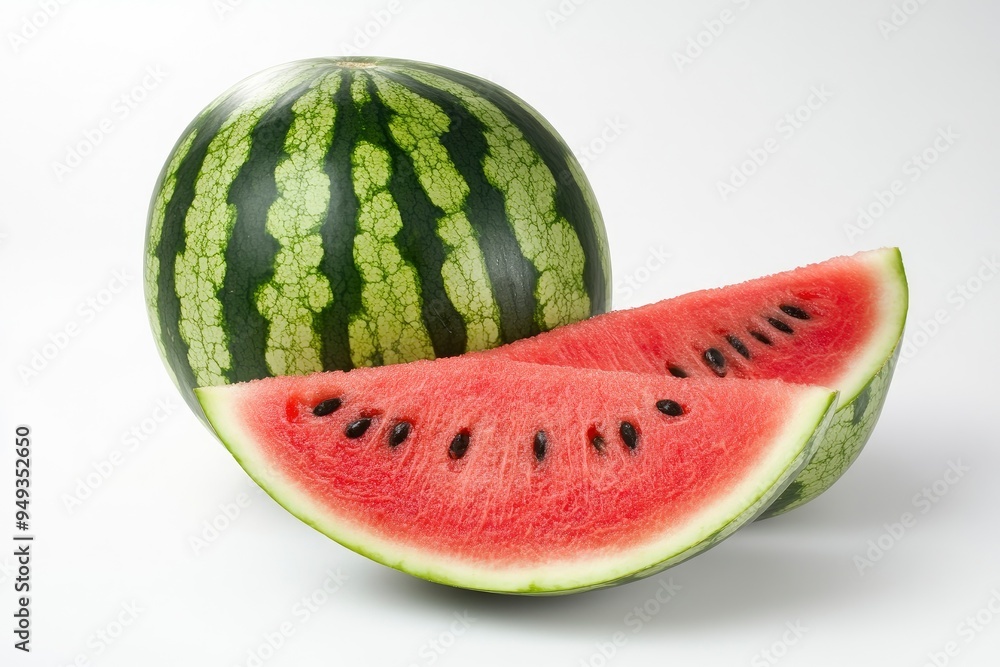 Juicy watermelon displayed on clean white surface, a delicious and colorful treat for any occasion with generative ai Juicy watermelon displayed on clean white surface, a delicious and colorful treat for any occasion with generative ai