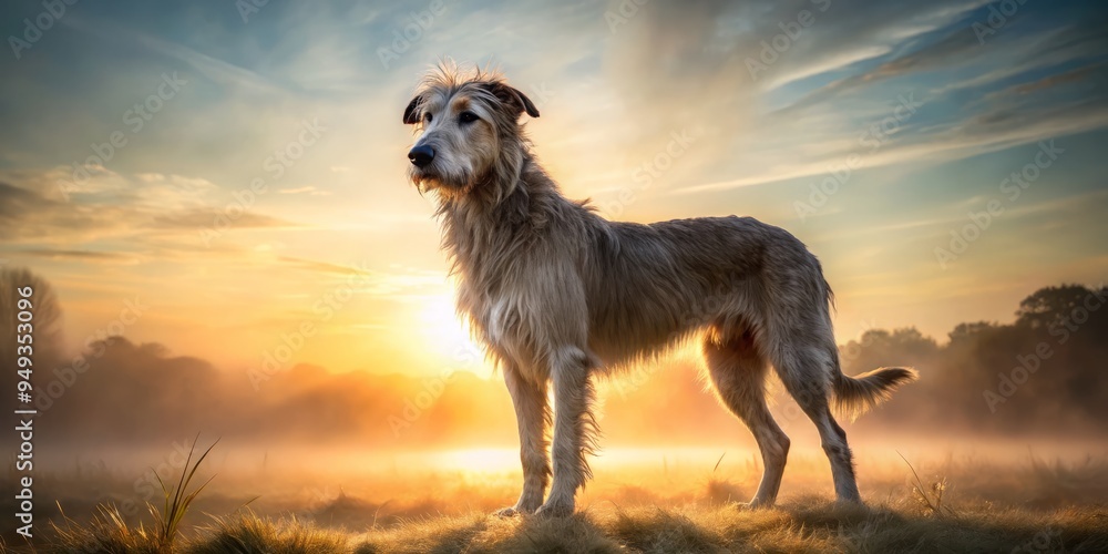 Soft focus mist wraps the Irish Wolfhound mix, its subtle waves and intelligent brown eyes radiating wisdom as warm sunlight dissolves the fog. Soft focus mist wraps the Irish Wolfhound mix, its subtle waves and intelligent brown eyes radiating wisdom as warm sunlight dissolves the fog.