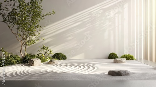 Fototapeta Naklejka Na Ścianę i Meble -  Zen Garden Wallpaper. A minimalist Zen garden with raked sand and small green plants.