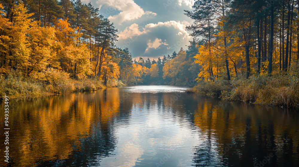 Obraz premium A serene landscape with a wide river flowing gently through a dense forest, with the golden hues of autumn leaves reflecting in the water under a soft, cloudy sky --ar 16:9 --q 2