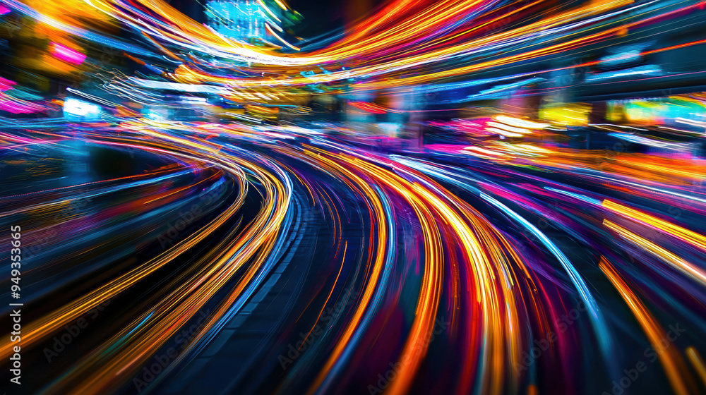 An abstract photography concept featuring long-exposure light trails forming dynamic, colorful patterns against a dark urban background, creating a sense of motion and energy --ar 16:9 --q 2 An abstract photography concept featuring long-exposure light trails forming dynamic, colorful patterns against a dark urban background, creating a sense of motion and energy --ar 16:9 --q 2
