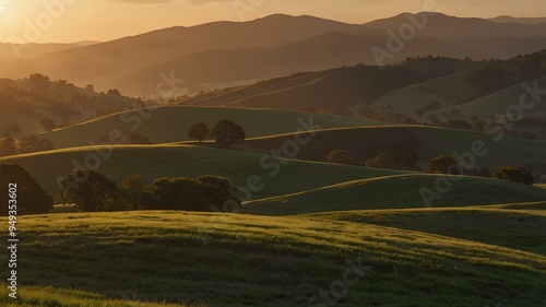 Sunset over rolling hills. Sun setting, warm light over gently rolling hills, tranquil expansive landscape. Realistic style. photo