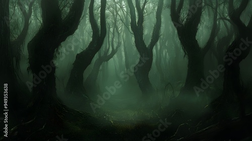 A dark forest with twisted forms and dense fog creating unease photo