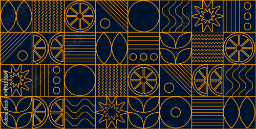 Abstract geometric lines background orange fruits icons. Bauhaus pattern abstract geometric. Template for cover design, food packaging, menu, background, web banner, organic food.