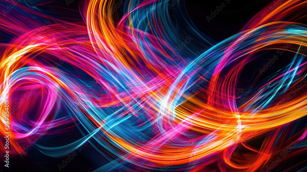 An abstract photography concept featuring overlapping light trails in vibrant colors, creating dynamic patterns and shapes against a dark background for a sense of movement An abstract photography concept featuring overlapping light trails in vibrant colors, creating dynamic patterns and shapes against a dark background for a sense of movement