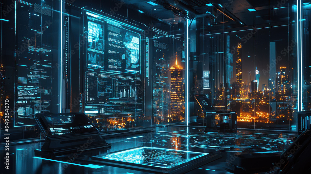 Fototapeta premium A sleek futuristic tech environment with transparent screens displaying complex data, neon blue lighting accentuating the dark metallic surfaces, and a cityscape visible through large windows at night
