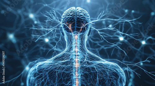 Wallpaper Mural A detailed medical illustration of the human nervous system, showing the intricate web of nerves branching out from the spinal cord to the rest of the body, set on a light blue background Torontodigital.ca