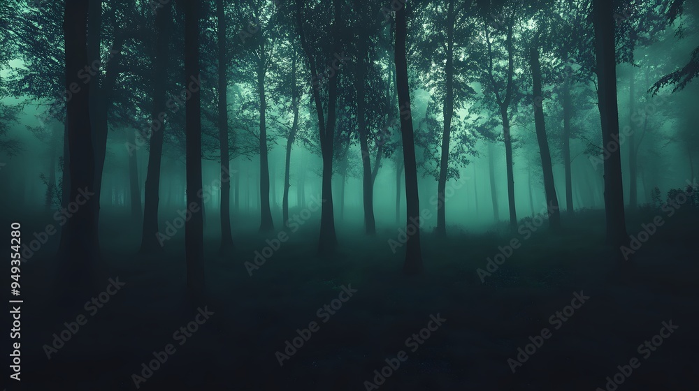 Obraz premium A dark mysterious forest with exaggerated shadows and fog