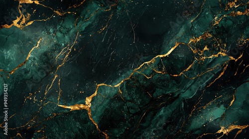 A marble background with deep, rich veins of emerald green and gold running through a smooth, polished black surface, creating a luxurious and opulent feel --ar 16:9 --q 2