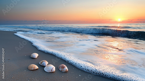 Wallpaper Mural A peaceful beach background at dawn, with gentle waves caressing the shore, seashells scattered on the sand, and the first light of day breaking over the horizon --ar 16:9 --q 2
 Torontodigital.ca