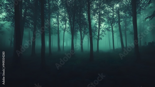 A dark mysterious forest with exaggerated shadows and fog photo