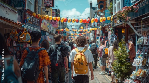 A lively street festival celebrating the 90s, with people dressed in period costumes, enjoying retro music and vintage games, showcasing the new nostalgia