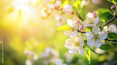A bright and cheerful spring background with blooming flowers, fresh green leaves, and gentle sunlight filtering through the branches of a blossoming tree --ar 16:9 --q 2