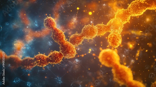 Abstract chromosome strands with molecular models and chemical formulas, representing the fusion of medical science and technology.