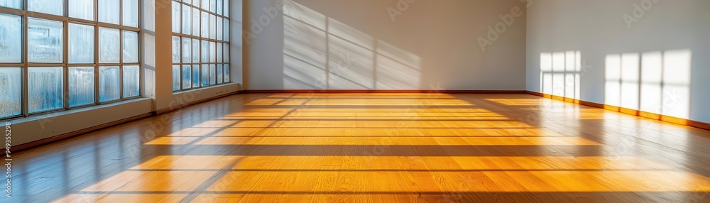 Bright vacant room with polished wooden floors, pristine white walls, and large windows, creating a clean and open atmosphere, empty space, crisp clarity Bright vacant room with polished wooden floors, pristine white walls, and large windows, creating a clean and open atmosphere, empty space, crisp clarity