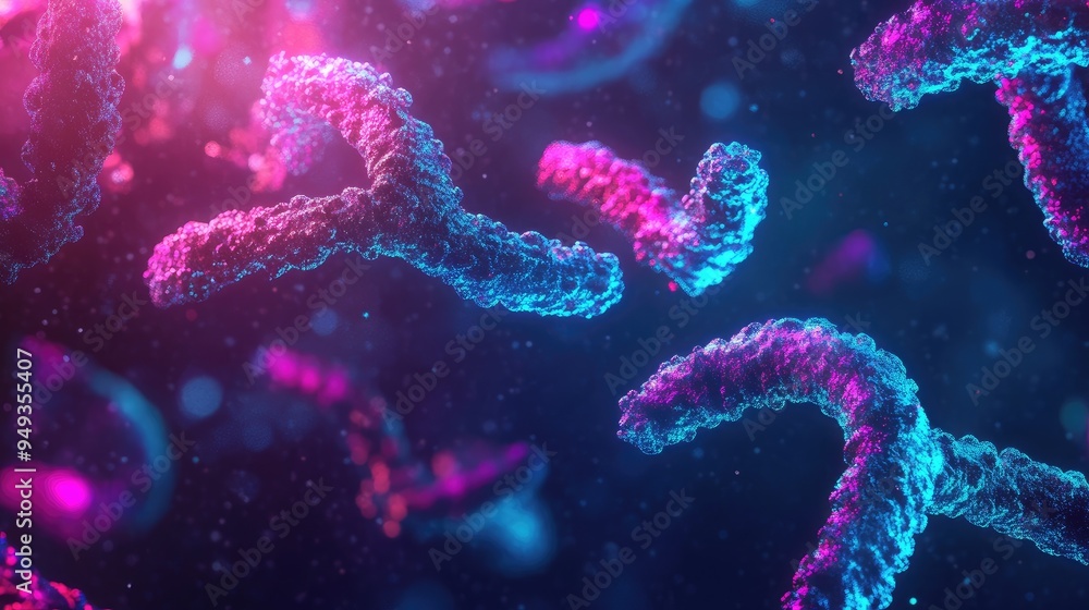 Abstract depiction of chromosomes with neon lights, set against a dark background, emphasizing the complexity of medical research. Abstract depiction of chromosomes with neon lights, set against a dark background, emphasizing the complexity of medical research.