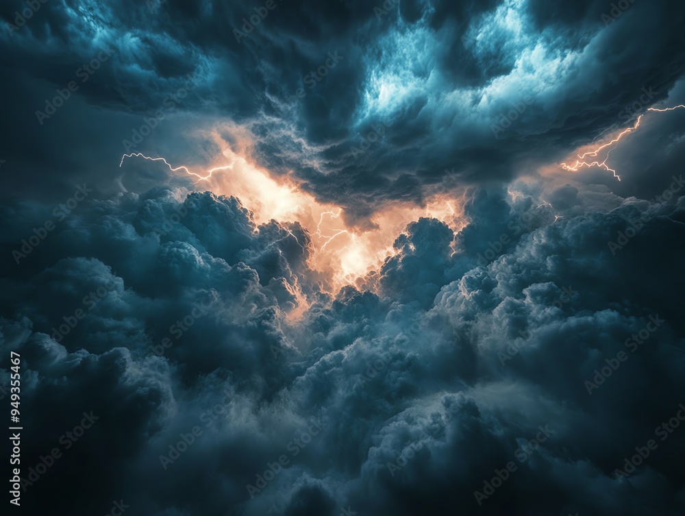 Dramatic storm clouds with lightning bolts striking through the sky. Dramatic storm clouds with lightning bolts striking through the sky.
