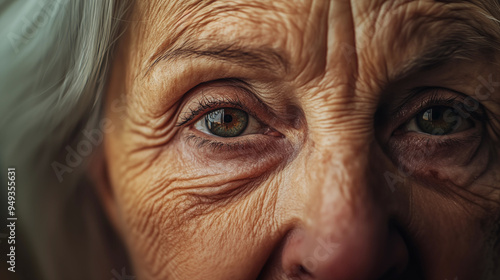 photo of a close-up of a senior woman's eyes with deep wrinkles and aging skin 