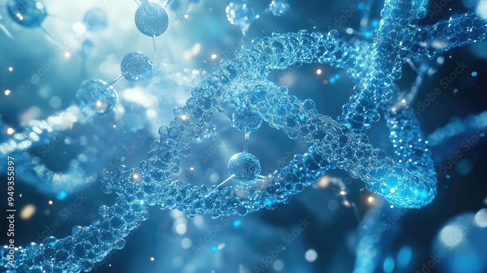 Chromosome strands intertwined with molecular structures, floating in a high-tech environment, symbolizing biotechnology. Chromosome strands intertwined with molecular structures, floating in a high-tech environment, symbolizing biotechnology.