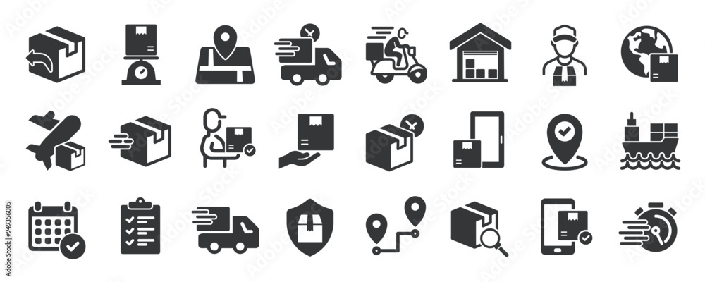 Delivery glyph solid icons collection. Containing shipping, logistic, warehouse, courier. Minimal icon and symbol series vector illustration Delivery glyph solid icons collection. Containing shipping, logistic, warehouse, courier. Minimal icon and symbol series vector illustration