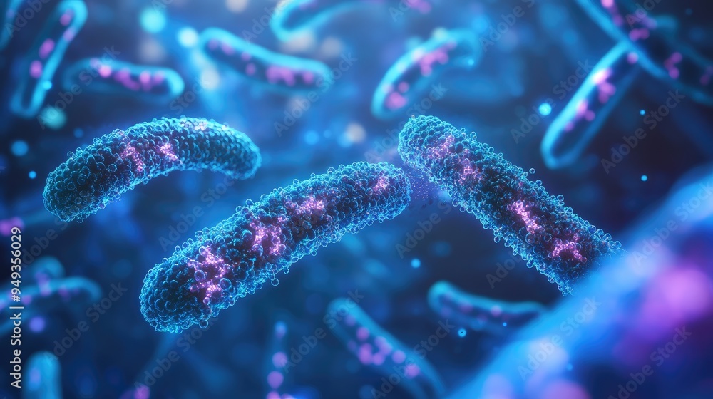 Chromosome strands with abstract molecular designs, floating in a high-tech environment, symbolizing advancements in genetic research. Chromosome strands with abstract molecular designs, floating in a high-tech environment, symbolizing advancements in genetic research.