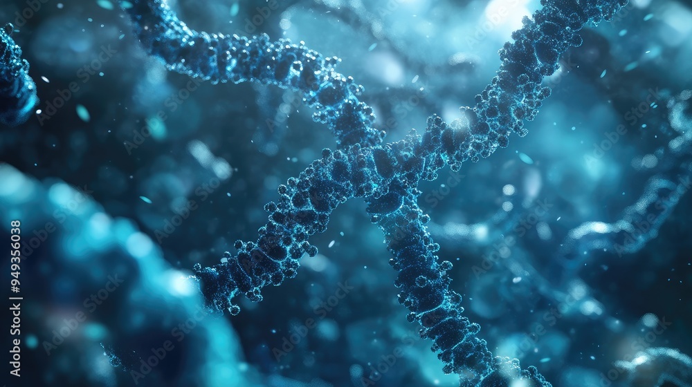 Chromosome strands with abstract molecular designs, floating in a high-tech environment, symbolizing advancements in genetic research. Chromosome strands with abstract molecular designs, floating in a high-tech environment, symbolizing advancements in genetic research.