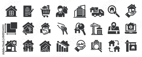 Real estate glyph solid icons collection. Containing mortgage, property, realtor, residential. Minimal icon and symbol series vector illustration