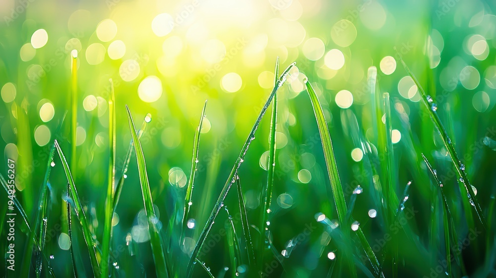 Fototapeta premium Green Meadow with Dew Wallpaper. A fresh green meadow in the early morning.