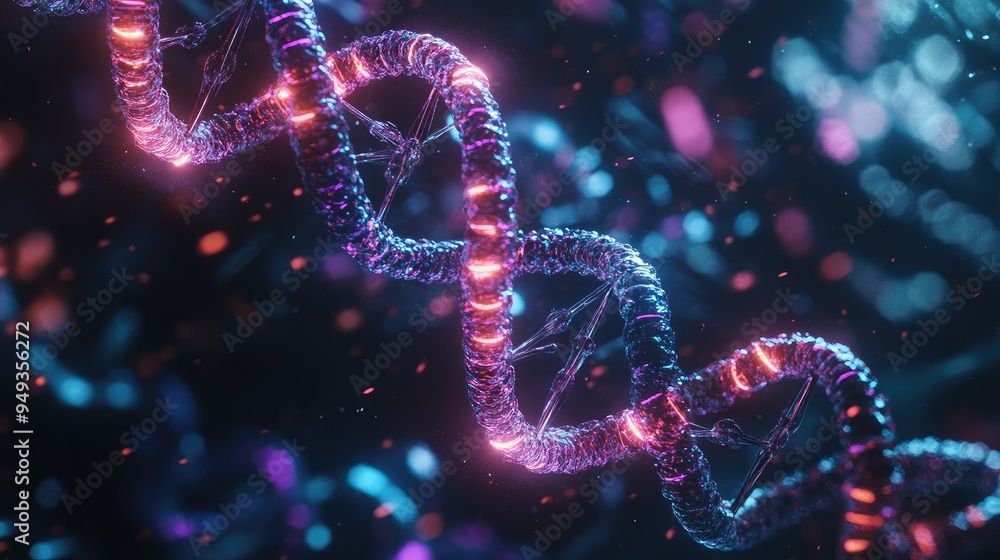 Chromosome strands with neon molecular models, floating in a dark, high-tech environment, highlighting genetic research. Chromosome strands with neon molecular models, floating in a dark, high-tech environment, highlighting genetic research.