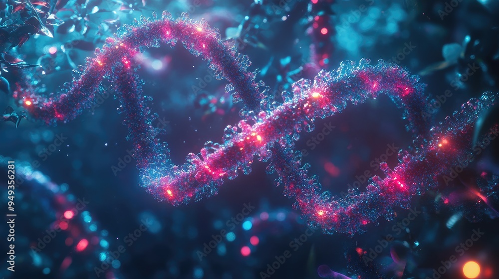 Chromosome strands with neon molecular models, floating in a dark, high-tech environment, highlighting genetic research. Chromosome strands with neon molecular models, floating in a dark, high-tech environment, highlighting genetic research.