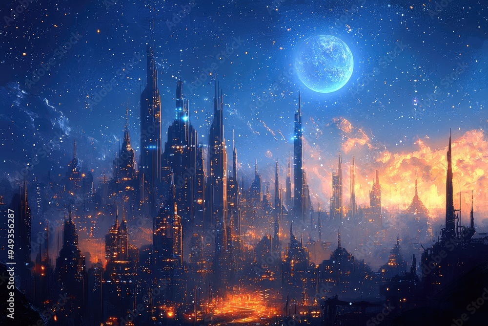 Fototapeta premium Fantasy landscape with castle towers and full moon in starry night sky