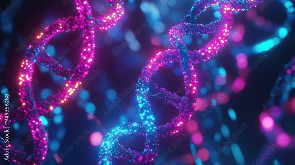 Chromosome strands with neon molecular models, floating in a dark, high-tech environment, highlighting genetic research. Chromosome strands with neon molecular models, floating in a dark, high-tech environment, highlighting genetic research.
