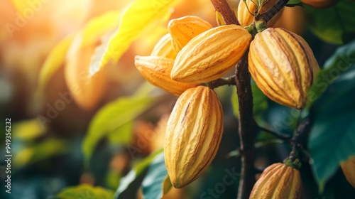 Yellow Cacao pods grow on trees. Ripe cacao fruits, There are many ripe cacao fruits all over the tree. plant cocoa fruit plantation