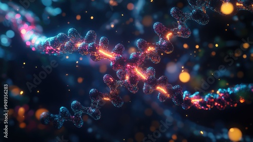 Chromosome strands with neon molecular models, floating in a dark, high-tech environment, highlighting genetic research.