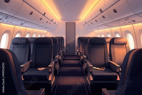 Expansive airplane cabin, sleek design with ample legroom, luxurious interior, illustration