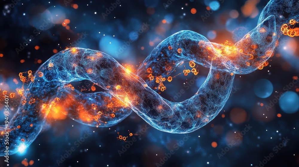 Chromosomes with an abstract, glowing design, intertwined with molecular structures, highlighting the intersection of biology and technology. Chromosomes with an abstract, glowing design, intertwined with molecular structures, highlighting the intersection of biology and technology.