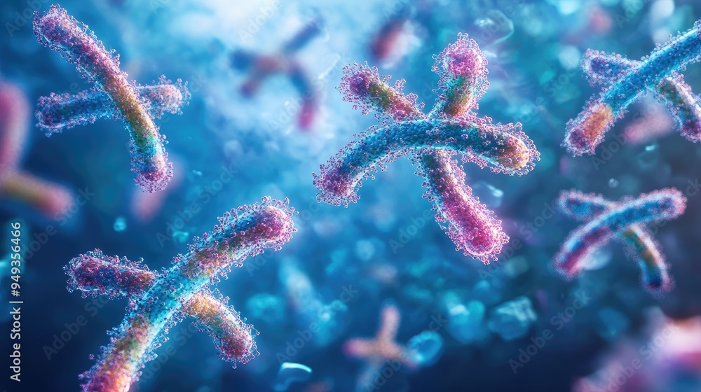 Chromosomes with interconnected molecular models, floating in a high-tech space, emphasizing the future of genetic research. Chromosomes with interconnected molecular models, floating in a high-tech space, emphasizing the future of genetic research.