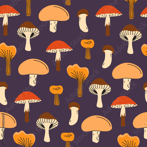 Seamless pattern with forest mushrooms. Vector illustration on a dark background. Autumn harvest. Illustration in a flat style.