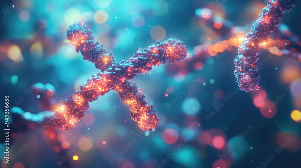 Chromosomes with interconnected molecular structures, floating in a high-tech environment, emphasizing advancements in biotechnology. Chromosomes with interconnected molecular structures, floating in a high-tech environment, emphasizing advancements in biotechnology.