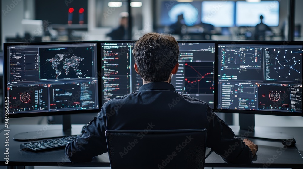 Cyber Security Analyst Working on Multiple Monitors Cyber Security Analyst Working on Multiple Monitors