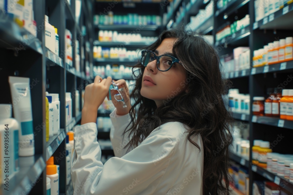 A person examines a medicine bottle in a pharmacy, A person examines a medicine bottle in a pharmacy,