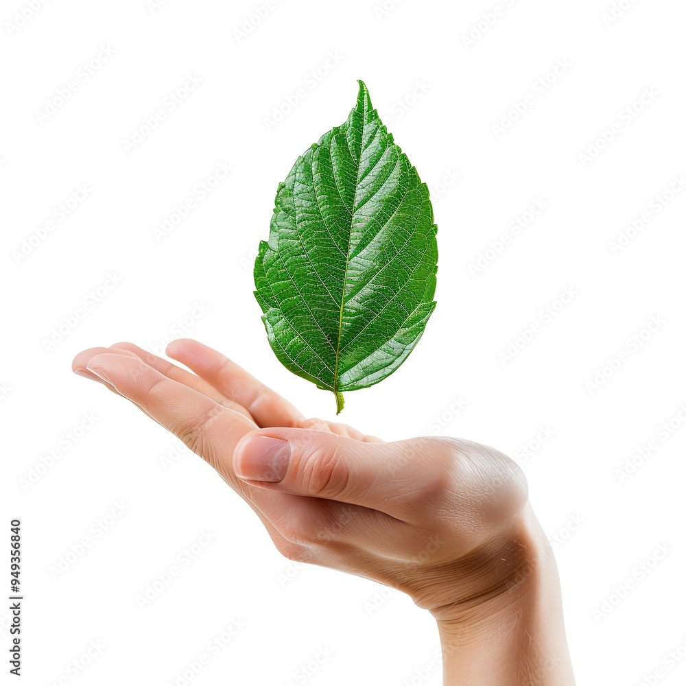 A close-up of a leaf resting above an open palm on a white background, symbolizing growth, nature, and environmental care. A close-up of a leaf resting above an open palm on a white background, symbolizing growth, nature, and environmental care.